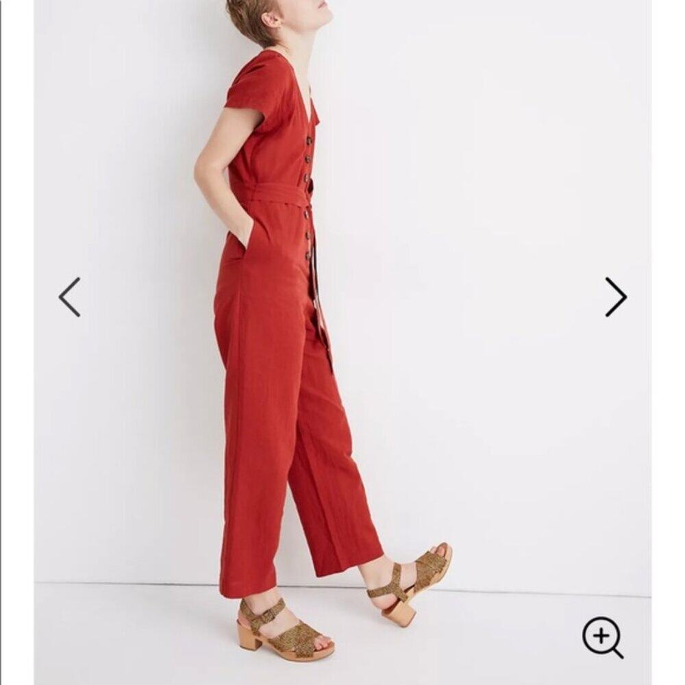 Madewell Linen Cotton Pleat Sleeve Jumpsuit in Rust Women's Size 2 Button Front
